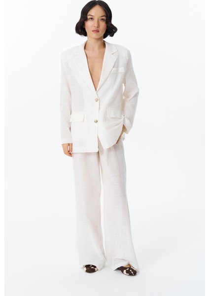 Bağcık Detaylı Beli Lastikli Bol Pantolon Ekru