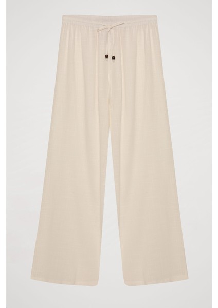 Bağcık Detaylı Beli Lastikli Bol Pantolon Ekru