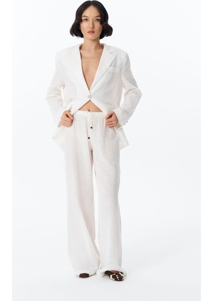 Bağcık Detaylı Beli Lastikli Bol Pantolon Ekru