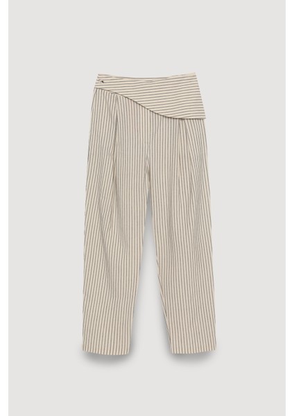 Asimetrik Bel Detaylı Çizgili Pantolon Bej