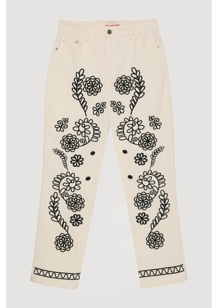 Nakış İşlemeli Yüksek Bel Pantolon Ekru