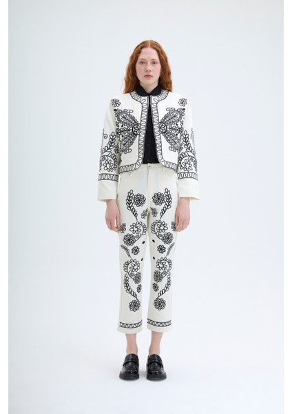 Nakış İşlemeli Yüksek Bel Pantolon Ekru