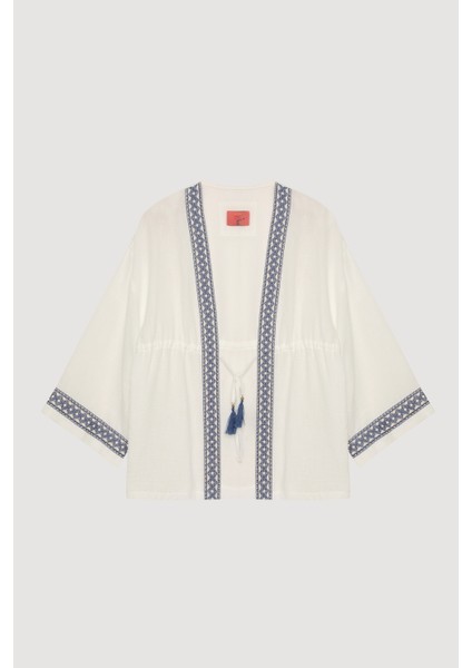 Şerit Nakış Detaylı Beli Bağlamalı Kimono Ekru