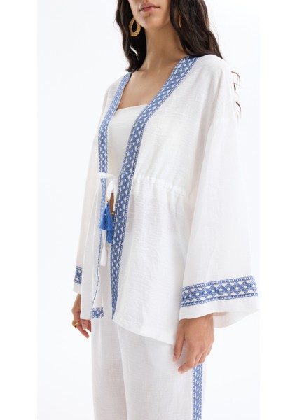 Şerit Nakış Detaylı Beli Bağlamalı Kimono Ekru
