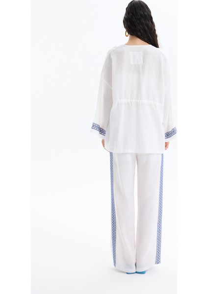 Şerit Nakış Detaylı Beli Bağlamalı Kimono Ekru