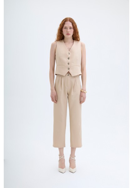 Çift Pileli Jogger Pantolon Bej