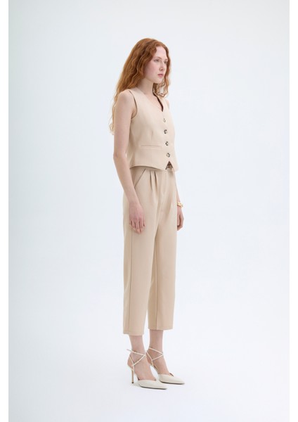 Çift Pileli Jogger Pantolon Bej