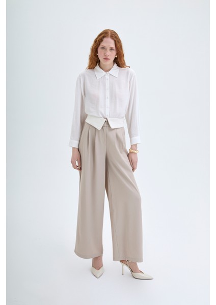 Beli Match Detaylı Bol Paça Pantolon Bej