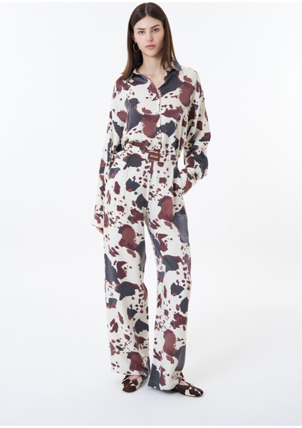 Leke Desenli Geniş Paça Pantolon Ekru