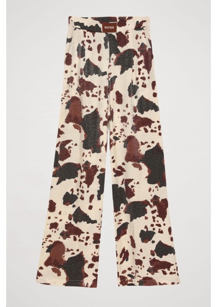 Leke Desenli Geniş Paça Pantolon Ekru