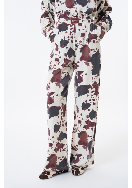 Leke Desenli Geniş Paça Pantolon Ekru