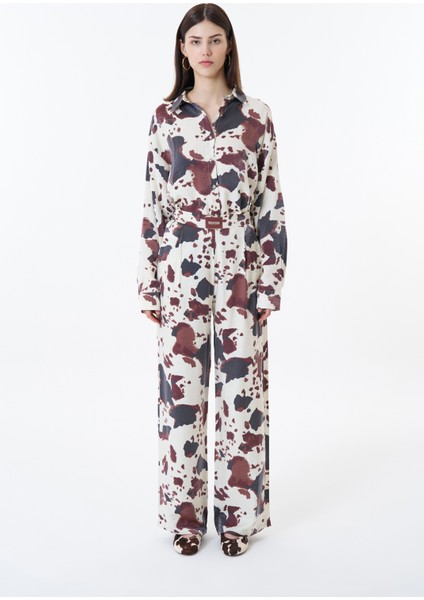 Leke Desenli Geniş Paça Pantolon Ekru