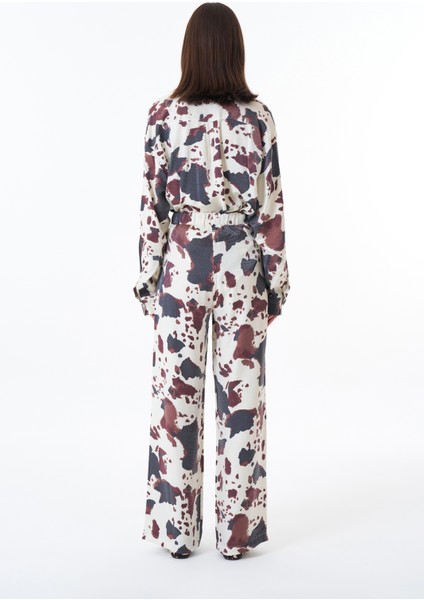 Leke Desenli Geniş Paça Pantolon Ekru