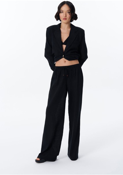 Bağcık Detaylı Beli Lastikli Bol Pantolon Siyah