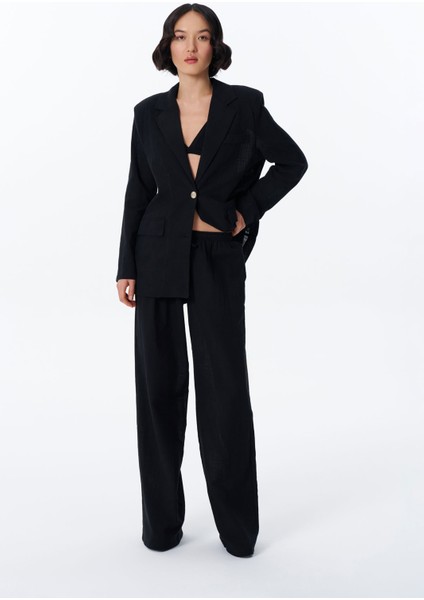 Bağcık Detaylı Beli Lastikli Bol Pantolon Siyah