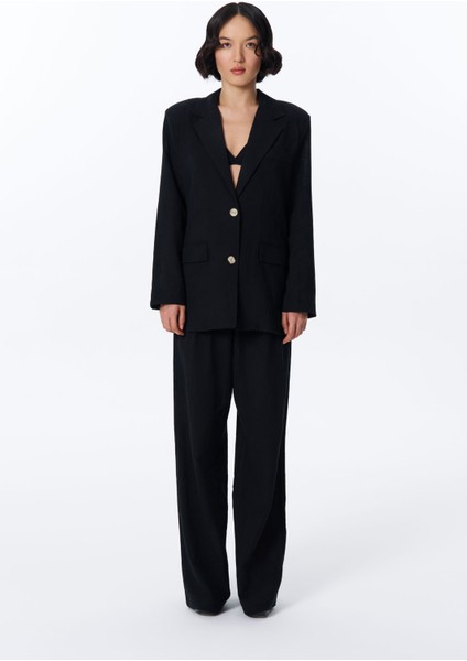 Bağcık Detaylı Beli Lastikli Bol Pantolon Siyah