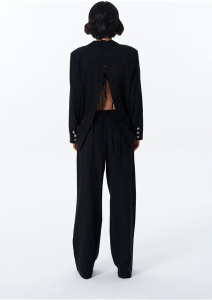 Bağcık Detaylı Beli Lastikli Bol Pantolon Siyah