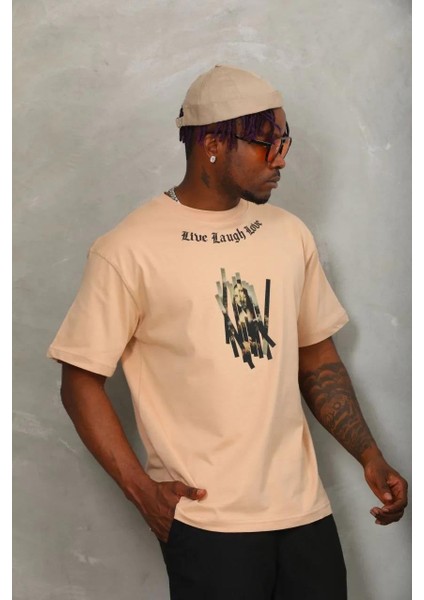 Unisex Oversize Baskılı Bisiklet Yaka T-Shirt - Bej fiyatları