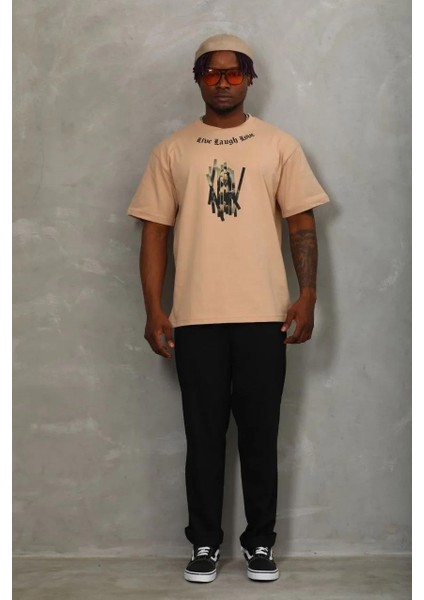 Unisex Oversize Baskılı Bisiklet Yaka T-Shirt - Bej fırsatları