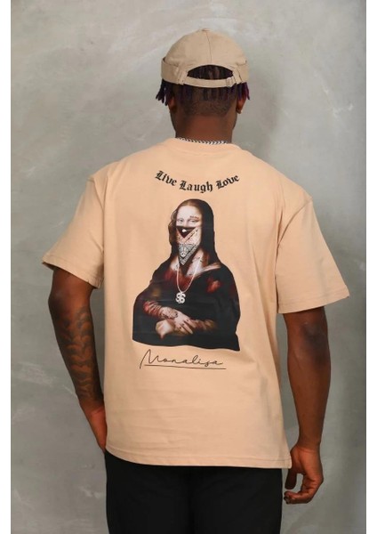 Unisex Oversize Baskılı Bisiklet Yaka T-Shirt - Bej indirimleri