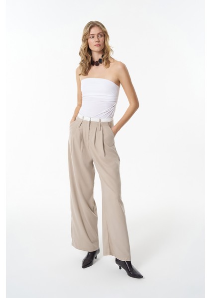 Çift Bel Palazzo Pantolon Bej