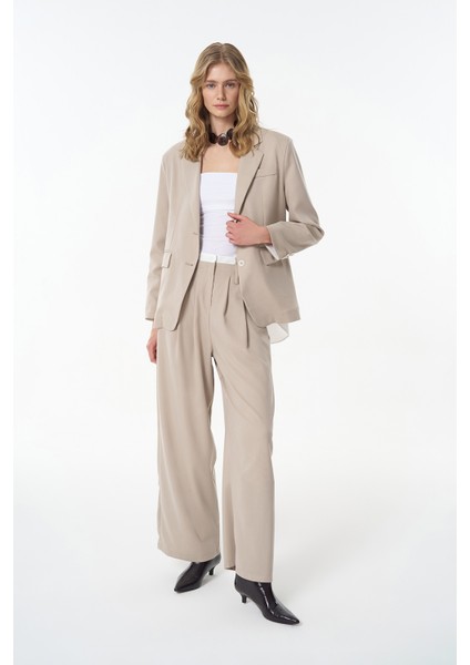 Çift Bel Palazzo Pantolon Bej