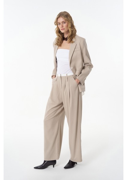 Çift Bel Palazzo Pantolon Bej