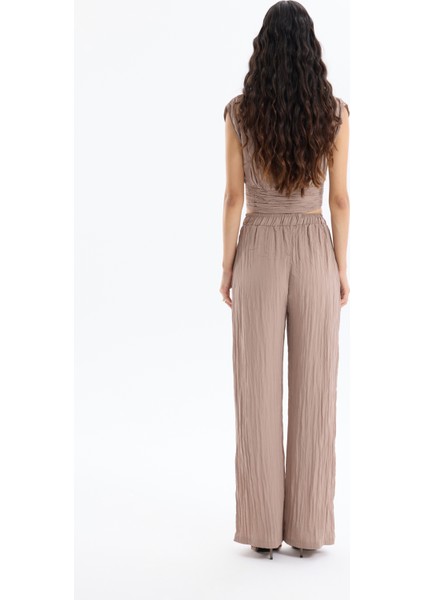 Kırışık Görünümlü Beli Lastikli Pantolon Açık Kahverengi