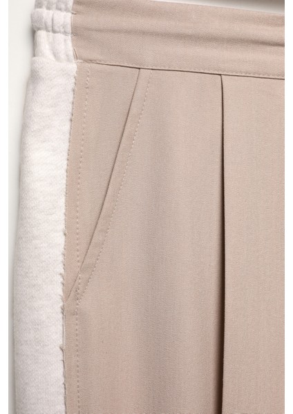 Kumaş Matchli Beli Lastikli Pantolon Bej