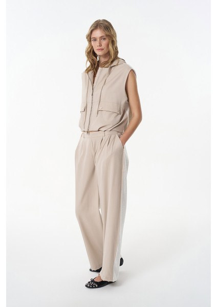 Kumaş Matchli Beli Lastikli Pantolon Bej