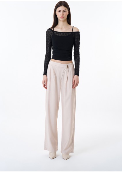 Düğme Bel Detaylı Palazzo Pantolon Taş
