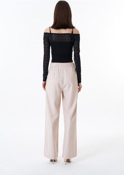 Düğme Bel Detaylı Palazzo Pantolon Taş