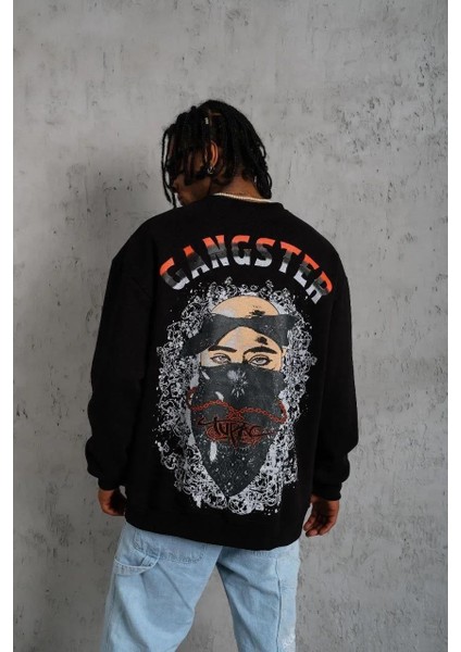 Erkek 3 Iplik Gangster Baskılı Sweatshirt - Siyah modelleri