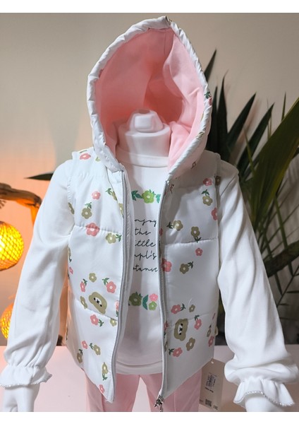 Kız Bebek Çiçekli Üçlü Takım (Omuzdan Çıtçıtlısweatshirt+ Kapşonluyelek+Pantolon) fırsatları