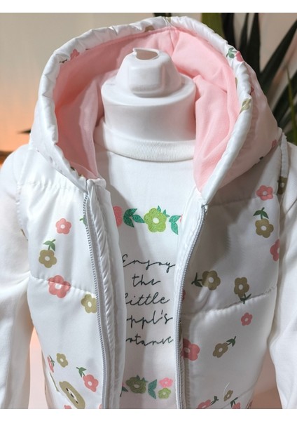 Kız Bebek Çiçekli Üçlü Takım (Omuzdan Çıtçıtlısweatshirt+ Kapşonluyelek+Pantolon)