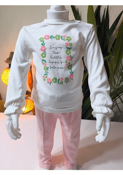Kız Bebek Çiçekli Üçlü Takım (Omuzdan Çıtçıtlısweatshirt+ Kapşonluyelek+Pantolon)