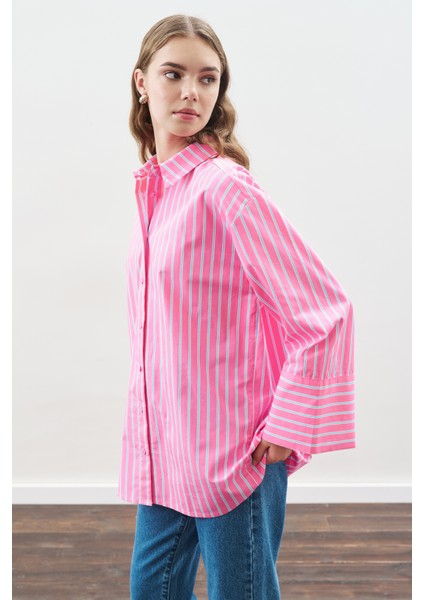 Çizgili Pamuklu Gömlek Pembe Çizgi