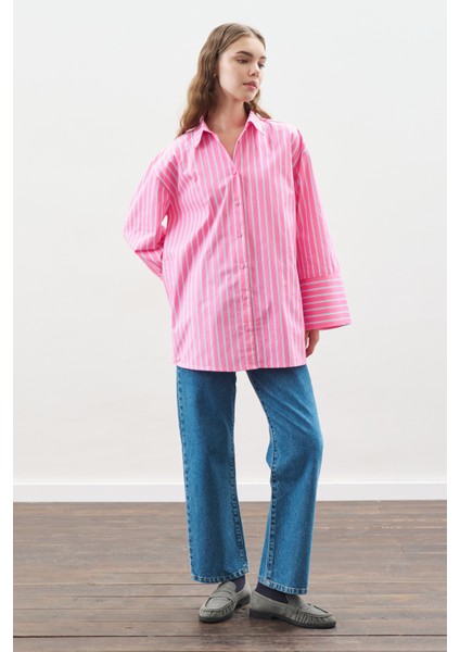 Çizgili Pamuklu Gömlek Pembe Çizgi modelleri