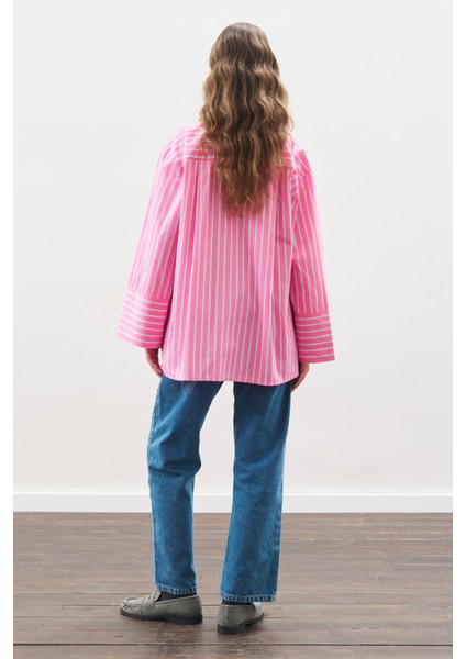 Çizgili Pamuklu Gömlek Pembe Çizgi