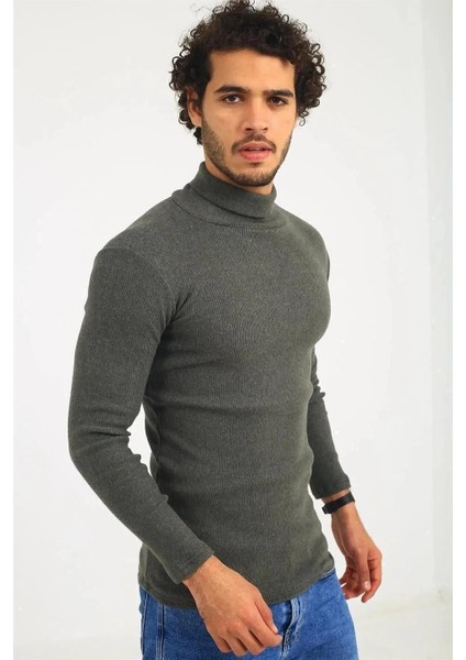 Erkek Kaşkorse Boğazlı Full Likralı Fitilli Body Kazak - Haki fiyatları