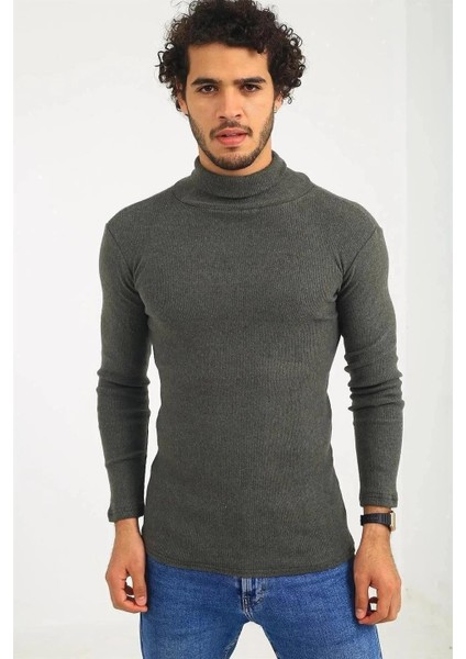 Erkek Kaşkorse Boğazlı Full Likralı Fitilli Body Kazak - Haki modelleri