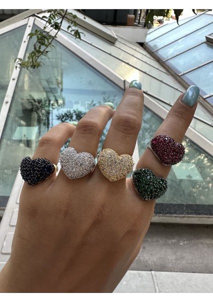 Full Taşlı Bombeli Kalp Yüzük Altın Kaplama 925 Ayar Gümüş Yüzük Farklı Renk Çalışılır fırsatları