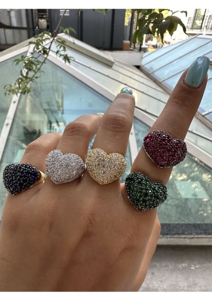 Full Taşlı Bombeli Kalp Yüzük Altın Kaplama 925 Ayar Gümüş Yüzük Farklı Renk Çalışılır indirimleri