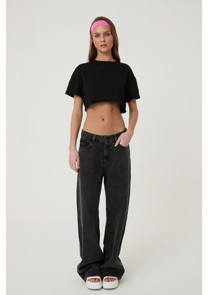 Yüksek Bel Bol Paça Kot Pantolon Antrasit