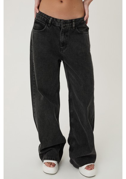 Yüksek Bel Bol Paça Kot Pantolon Antrasit