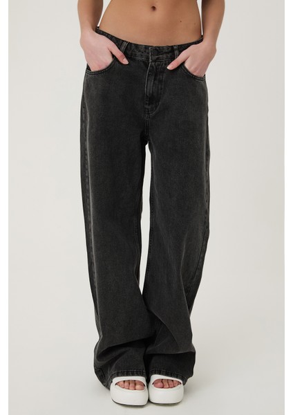 Yüksek Bel Bol Paça Kot Pantolon Antrasit