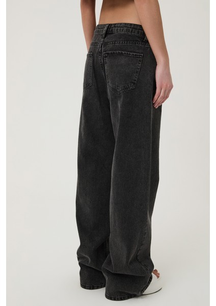 Yüksek Bel Bol Paça Kot Pantolon Antrasit