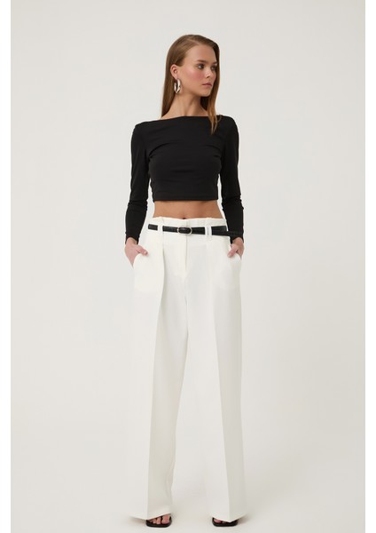Kemer Detaylı Yüksek Bel Geniş Paça Pantolon Ekru