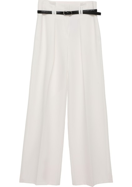 Kemer Detaylı Yüksek Bel Geniş Paça Pantolon Ekru