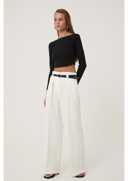 Kemer Detaylı Yüksek Bel Geniş Paça Pantolon Ekru